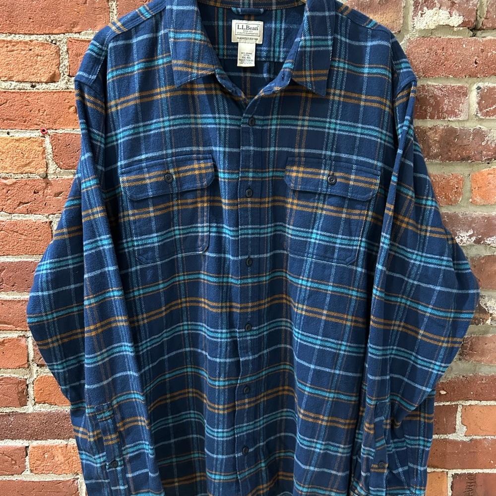 L.L. Bean Men's Navy and Orange Plaid Shirt